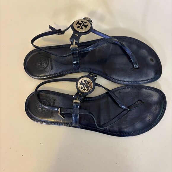 Tory Burch Blue Leather Sandals with Back Strap Size 9 - Picture 1 of 8